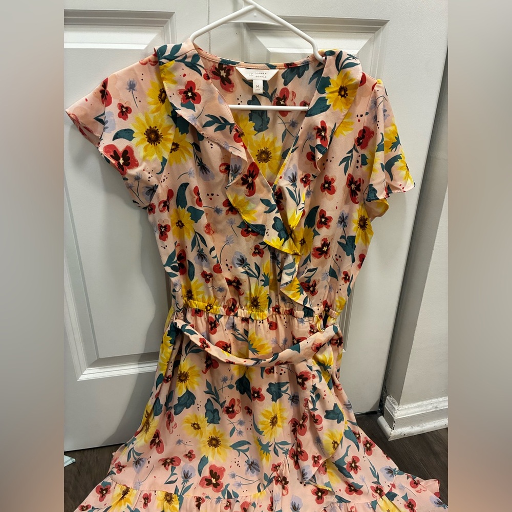 LC Lauren Conrad Yellow Pink Wrap Tie Front Midi Dress